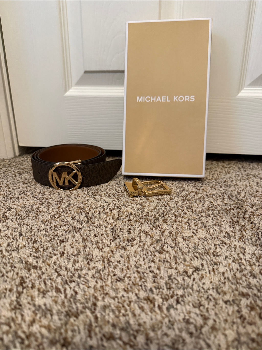 Michael Kors Brown Logo Belt With Gold Mk Round Buckle
